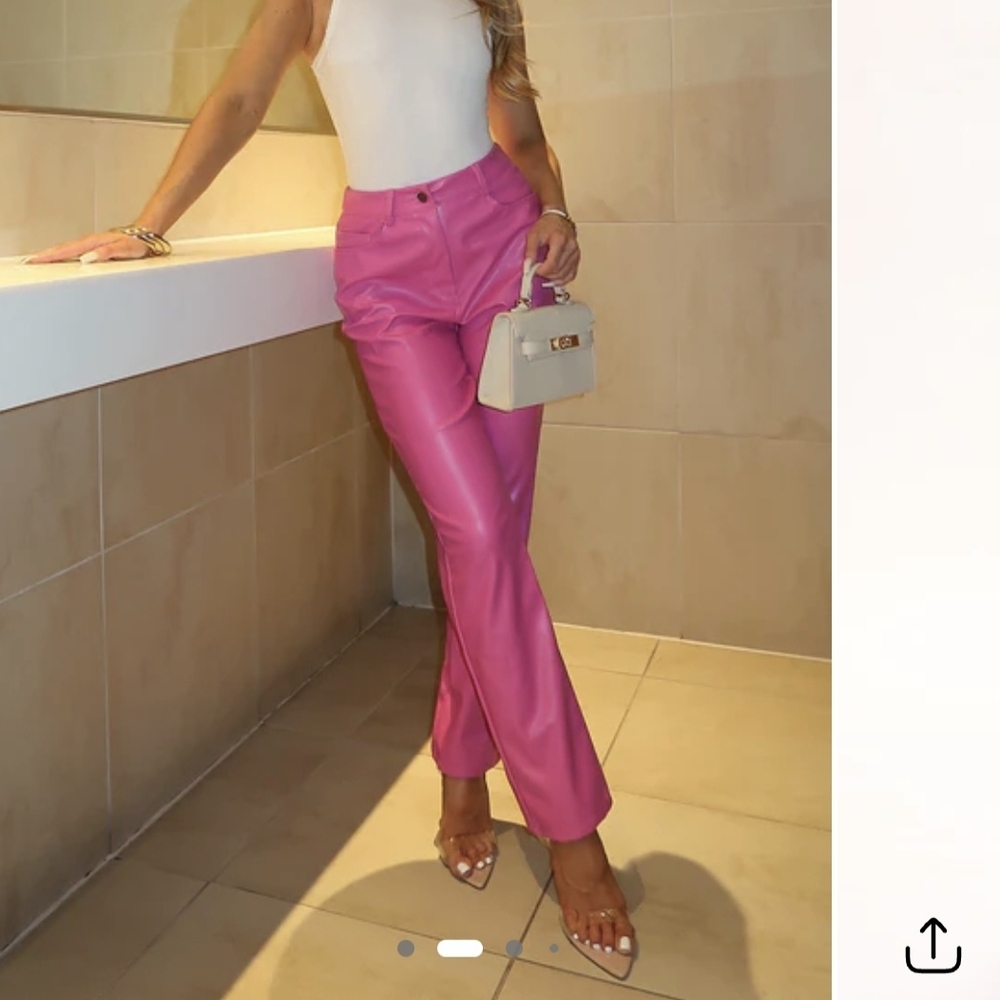 High-Rise Pink Faux Leather Straight-Leg Pants